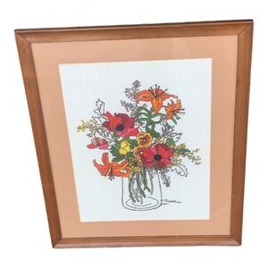 Vintage Sunset Stitchery Spring Fever Embroidered Matted Framed 20 x 24